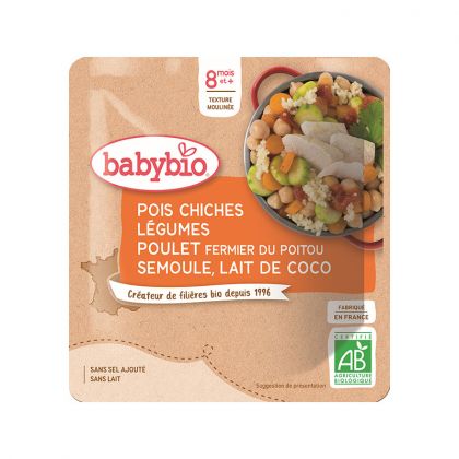 SACHET POIS CHICHES LEGUMES POULET SEMOULE LAIT DE COCO BIO BABYBIO 190G