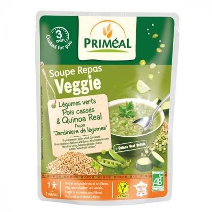 SOUPE REPAS VEGGIE LEGUMES VERTS POIS CASSES ET QUINOA BIO PRIMEAL 250ML