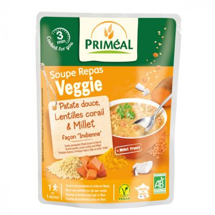 SOUPE REPAS VEGGIE LENTILLE CORAIL PATATE DOUCE ET MILLET BIO PRIMEAL 250ML