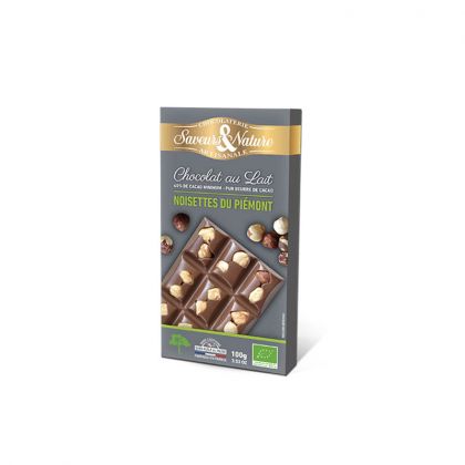 TABLETTE DE CHOCOLAT LAIT NOISETTES ENTIERES BIO SAVEURS ET NATURE 100G